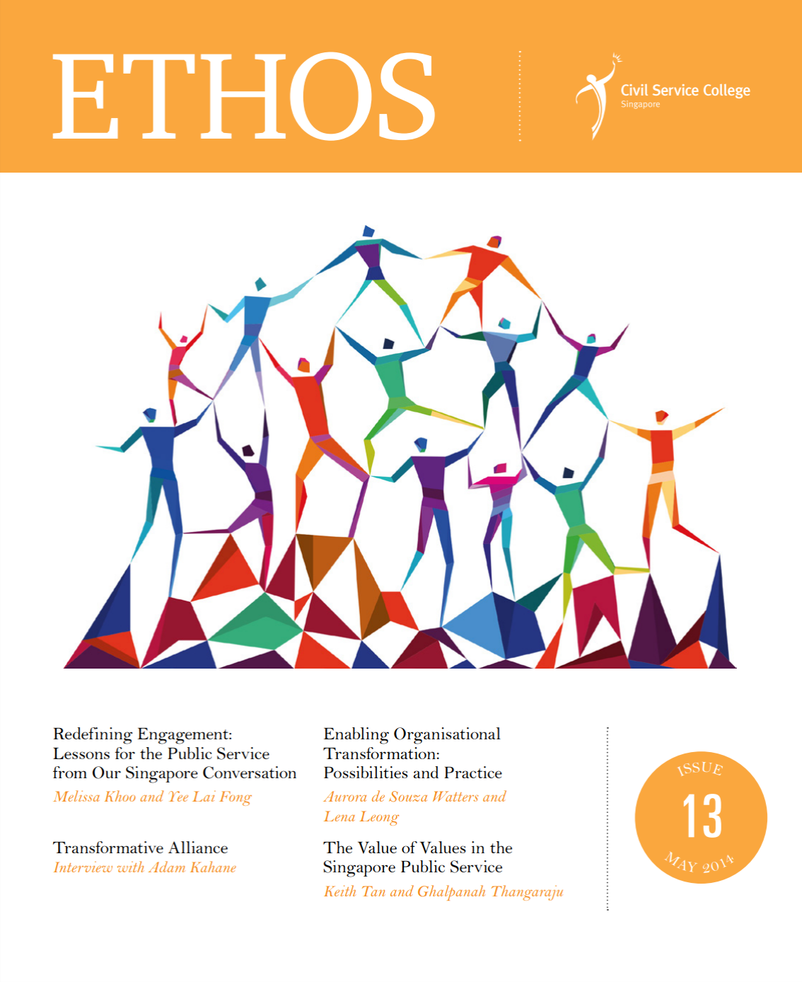 Magazine cover with colorful geometric figures forming a human pyramid and the title "ETHOS" at the top.